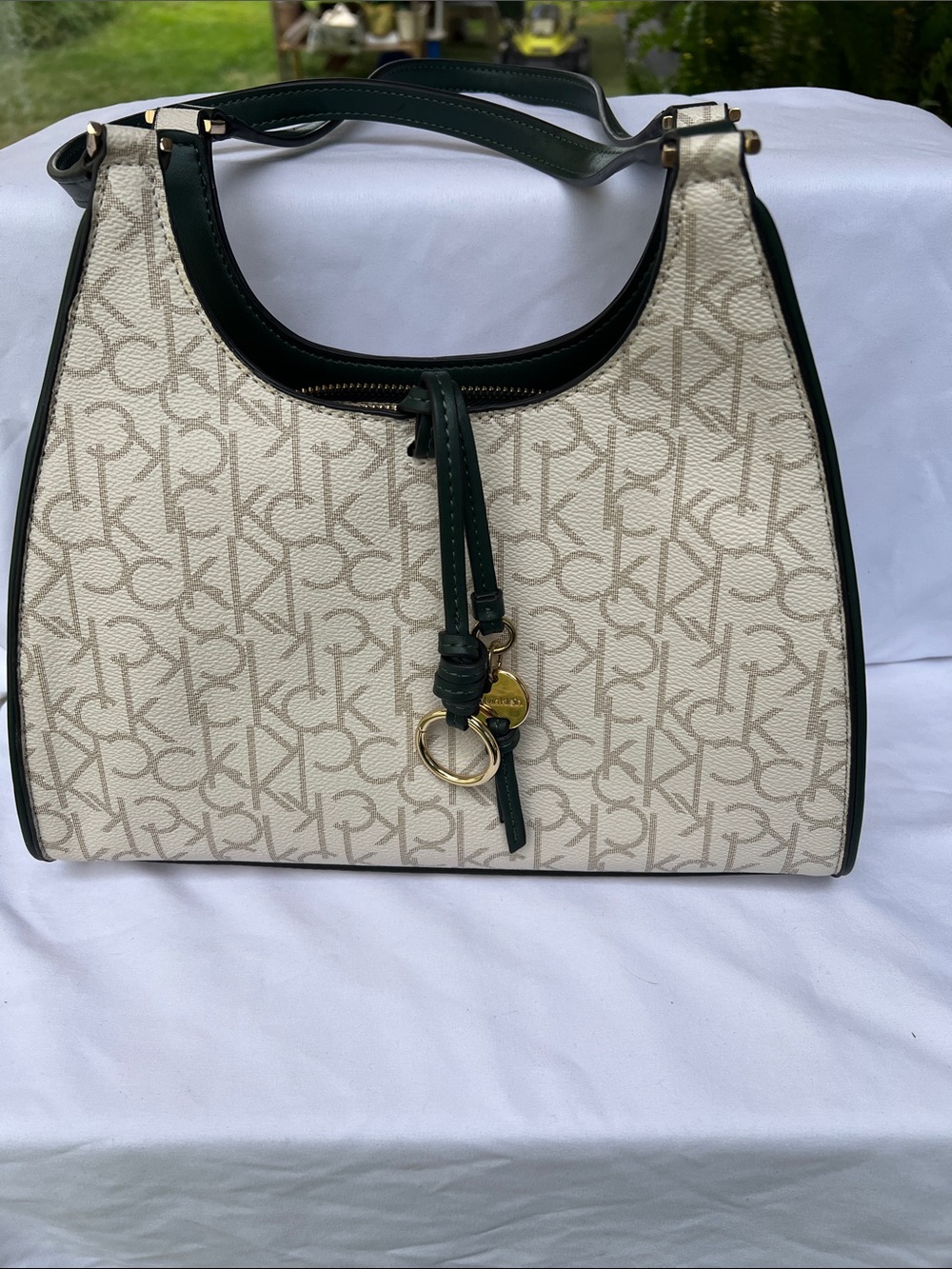 Calvin Klein Beige Monogram Shoulder Bag with Dark Green Trim